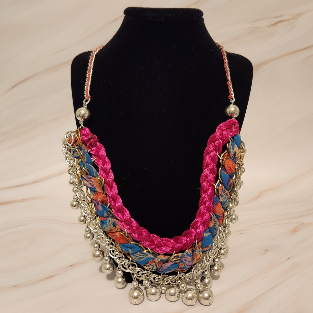 Silver Tone and Fabric Necklace